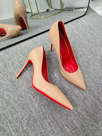 Red bottom high heels women's stiletto sexy black bed pointed toe high-heeled patent leather size French single shoes women