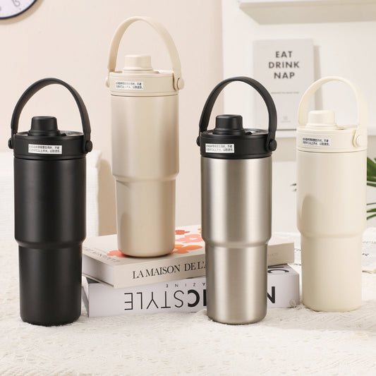 stainless steel thermos mug simple double drink straw cup ceramic liner large capacity portable car cup