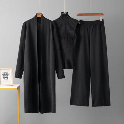 European and American foreign style solid color casual suit women's shawl jacket + V-neck base knit sweater + wide-leg trousers three-piece set