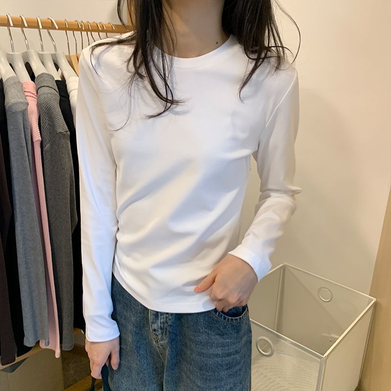 40 cotton shoulder long-sleeved T-shirts, new crew neck slim foundations, ins solid color hot girl base slimming top