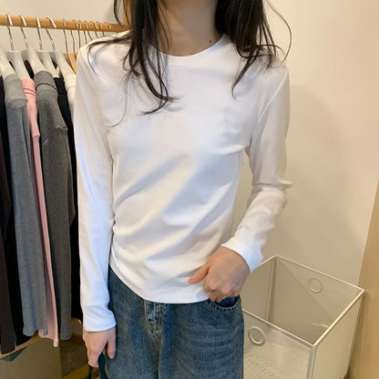40 cotton shoulder long-sleeved T-shirts, new crew neck slim foundations, ins solid color hot girl base slimming top