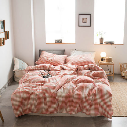 Japanese-style all-cotton non-printed washed cotton four-piece wholesale stripe-dyed good product four-piece dormitory bedding