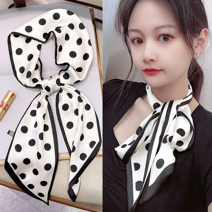 Long silk scarf, women's high-end small square scarf, spring and autumn black neck brace neck with shirt streamer and silk tie