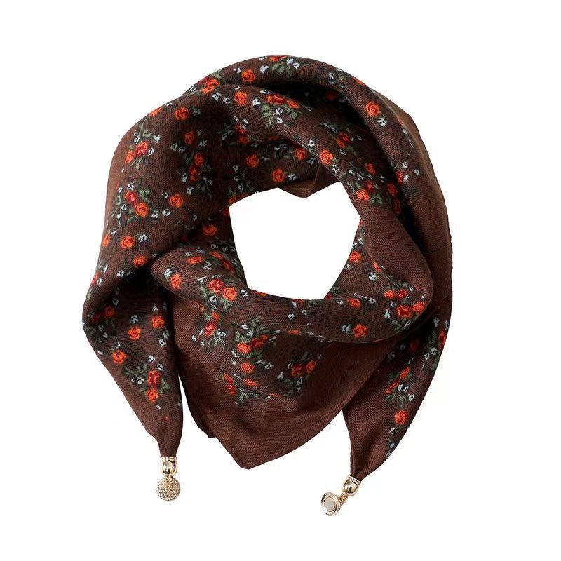 warm square scarf, magnetic buckle, triangle silk scarf, cotton scarf, women's spring, autumn and winter, style scarf, temperament and versatile