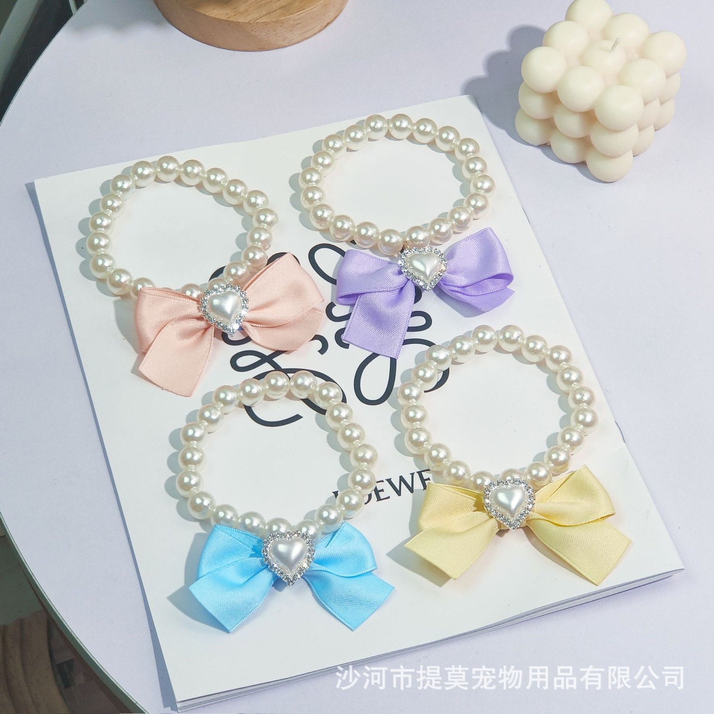Pet cat devon kitten dog pearl necklace collar small fragrance breeze gemstone bow puppet accessories cross-border