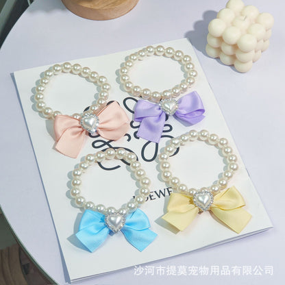 Pet cat devon kitten dog pearl necklace collar small fragrance breeze gemstone bow puppet accessories cross-border