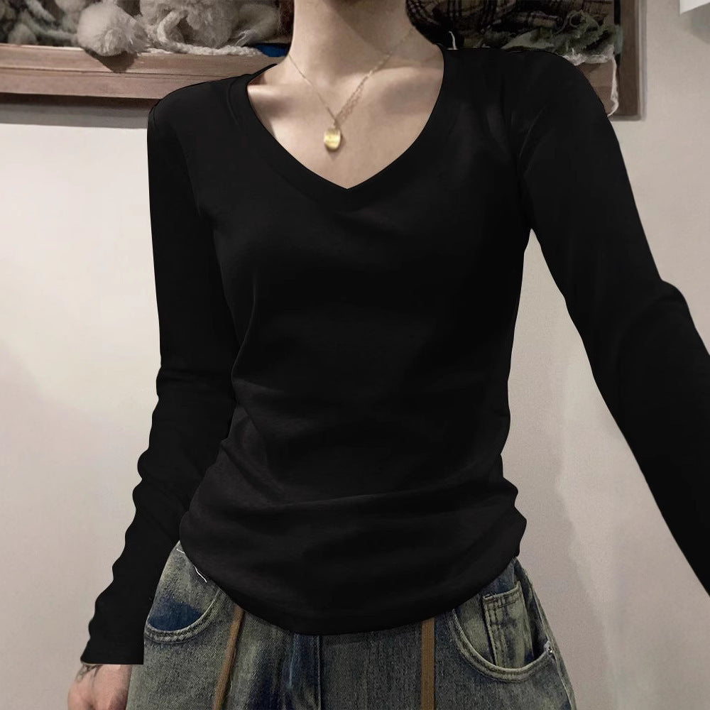 40 cotton shoulder long-sleeved T-shirts, new crew neck slim foundations, ins solid color hot girl base slimming top