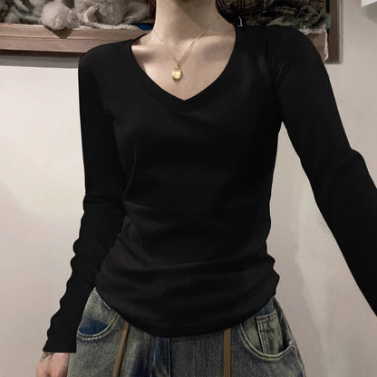 40 cotton shoulder long-sleeved T-shirts, new crew neck slim foundations, ins solid color hot girl base slimming top