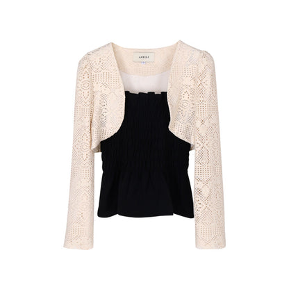 Aixili spring new lace long-sleeved shawl with small straps and ruffles two-piece suit female
