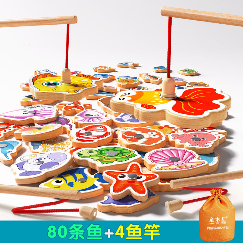 Kids Fishing Toys Magnetic Wooden Fish 1 to 3 Year Old Baby Educational Early Education Cognition Marine Fish First Year Gift