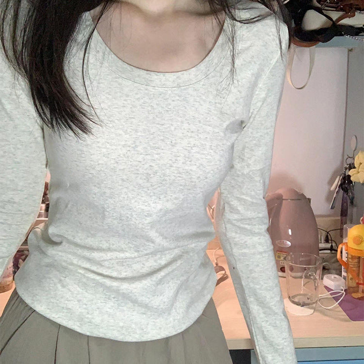 40 cotton shoulder long-sleeved T-shirts, new crew neck slim foundations, ins solid color hot girl base slimming top