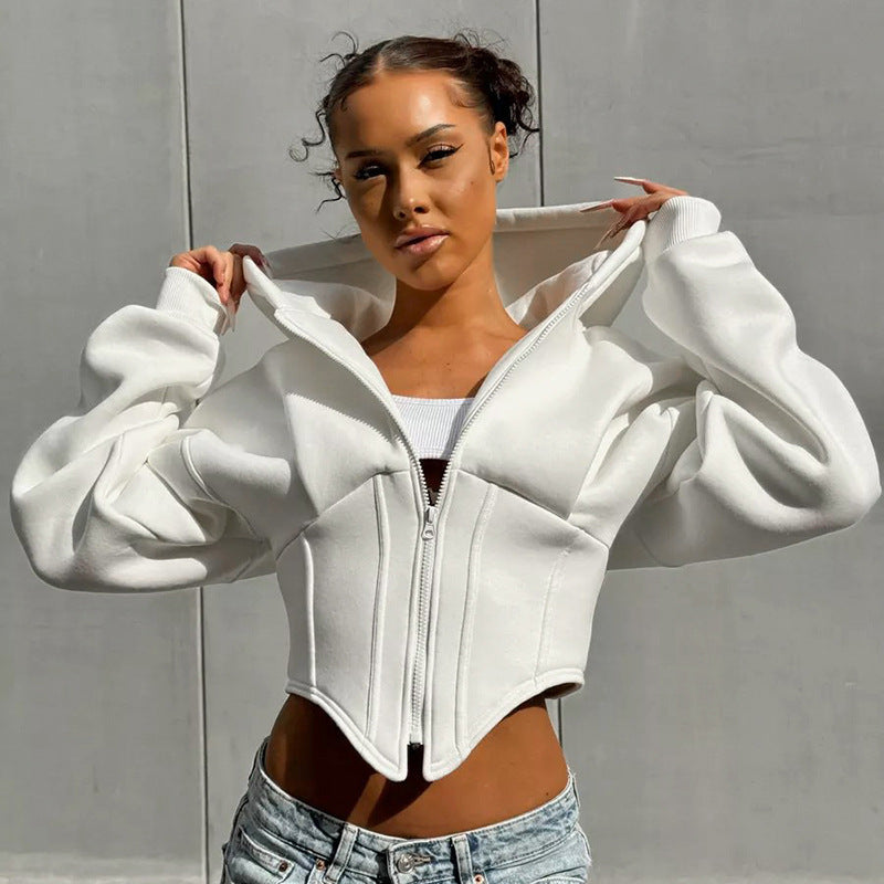 street European and American style long sleeve fleece zipper cardigan hooded sweatshirt casual jacket women