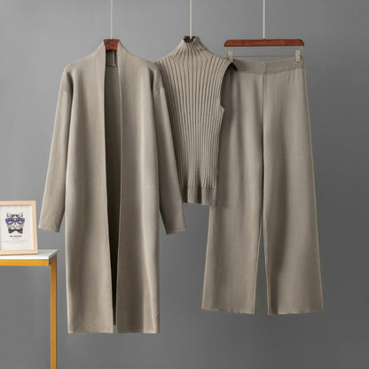 European and American foreign style solid color casual suit women's shawl jacket + V-neck base knit sweater + wide-leg trousers three-piece set
