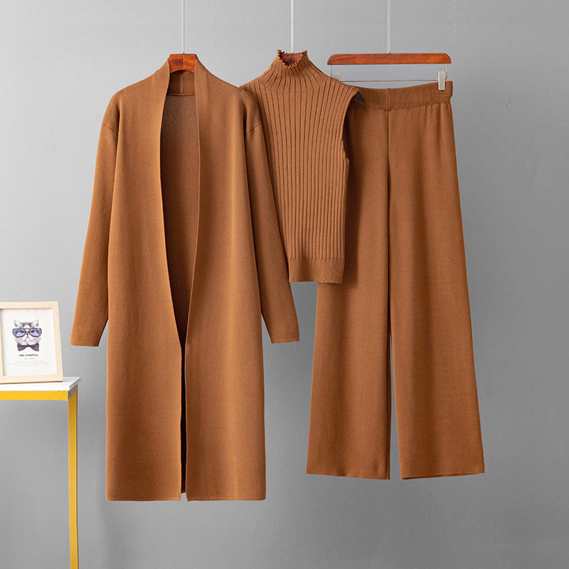 European and American foreign style solid color casual suit women's shawl jacket + V-neck base knit sweater + wide-leg trousers three-piece set