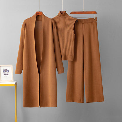 European and American foreign style solid color casual suit women's shawl jacket + V-neck base knit sweater + wide-leg trousers three-piece set