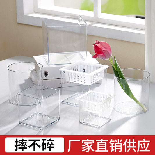 Transparent square jar vase, water culture, green plant, white palm, succulent, square cup, flower arrangement, hydroponic flower pot, tabletop simple ornament, florist