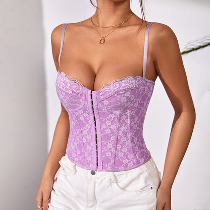 Cross-border women's clothing European and American style sexy solid color lace strap fish bone steel ring wrapped chest breastless backless vest 9009