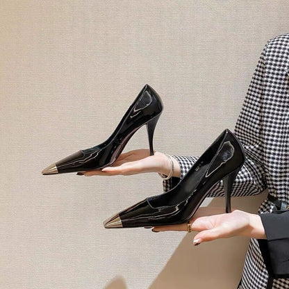 New Sexy Patent Leather High Heels Square Toe Metal Toe Stiletto Heel Fashion Single Shoes Black Toe Wrap Sandals for Women
