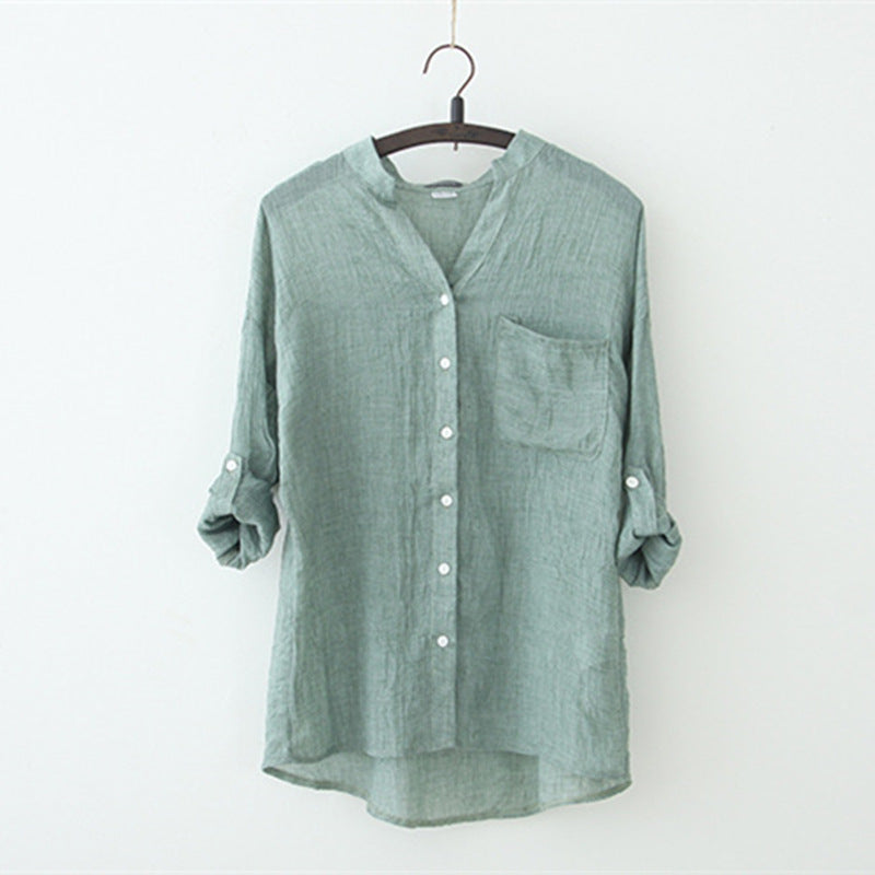 summer new sun protection clothing Japanese style small fresh loose cotton and linen three-quarter sleeve stand collar shirt female linen shirt
