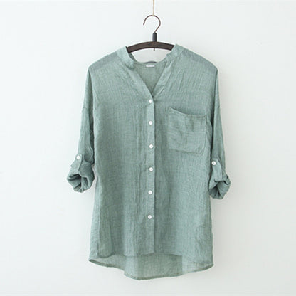 summer new sun protection clothing Japanese style small fresh loose cotton and linen three-quarter sleeve stand collar shirt female linen shirt