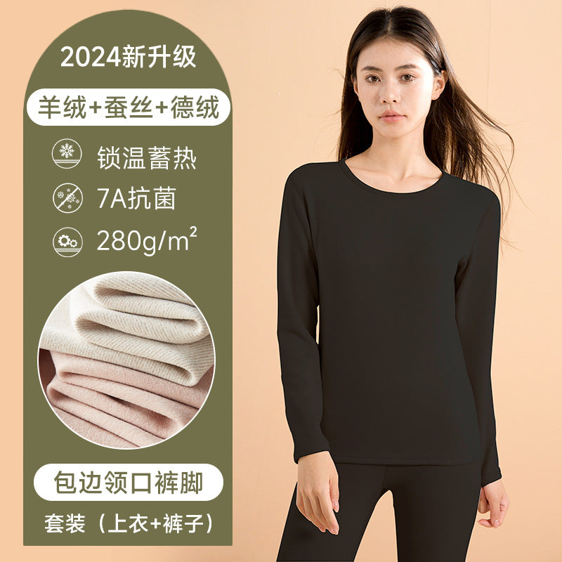 7A Antibacterial Mid Neck Thermal Underwear Set Men's Cashmere Silk Autumn Clothes Autumn Pants Women's Round Neck Velvet Thermal Clothing