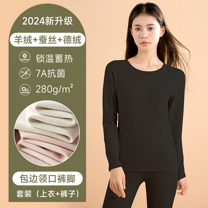 7A Antibacterial Mid Neck Thermal Underwear Set Men's Cashmere Silk Autumn Clothes Autumn Pants Women's Round Neck Velvet Thermal Clothing