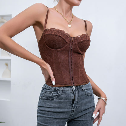 Cross-border women's clothing European and American style sexy solid color lace strap fish bone steel ring wrapped chest breastless backless vest 9009