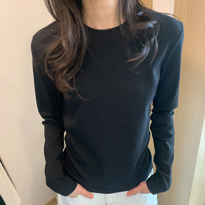 40 cotton shoulder long-sleeved T-shirts, new crew neck slim foundations, ins solid color hot girl base slimming top