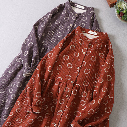 Japanese Mori Girl Art Floral Cotton Yarn Cotton Dress Loose Double Layer Cotton Long Sleeve Stand Collar Cardigan A-Line Skirt
