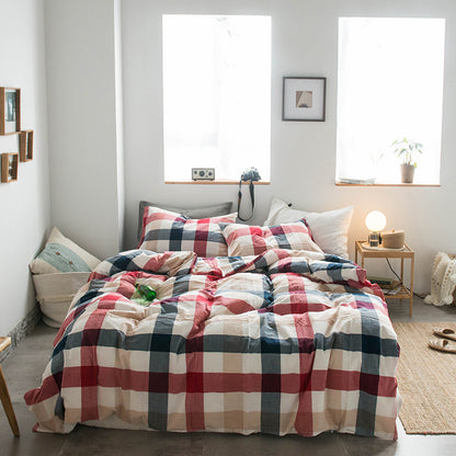 Japanese-style all-cotton non-printed washed cotton four-piece wholesale stripe-dyed good product four-piece dormitory bedding