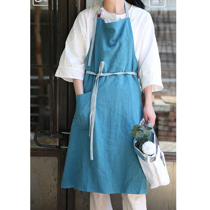 Japanese new style cotton and linen large size loose home kitchen sleeveless solid color housework high-end