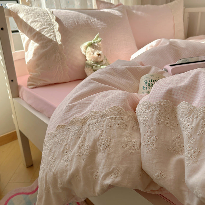 Class A French bedding four-piece set of cotton cotton double-layer gauze duvet cover bed sheets summer bed hat dormitory three-piece set 4