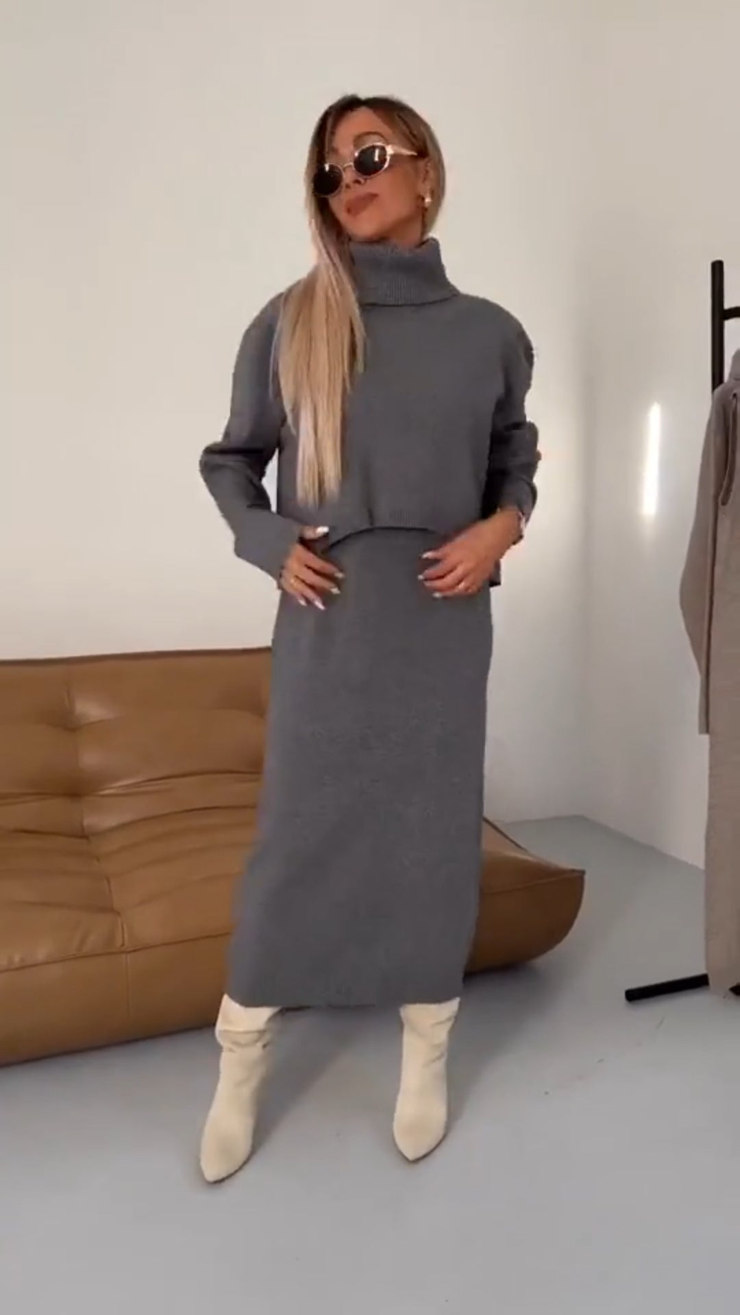 Fall/Winter Sweater Dress, High Neck Maxi Sweater Dress, Two Piece Solid Color Knit Dress