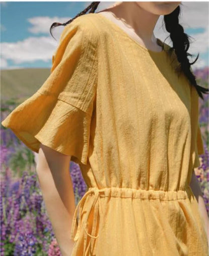 Yin M's material is super good summer pure cotton round neck trumpet sleeve waist A pendulum art female dress female cut label