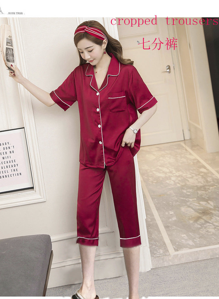 underwear short-sleeved trousers pajamas women's simulation silk lapel suit silk cross-border pajamas