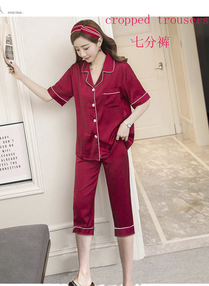 underwear short-sleeved trousers pajamas women's simulation silk lapel suit silk cross-border pajamas
