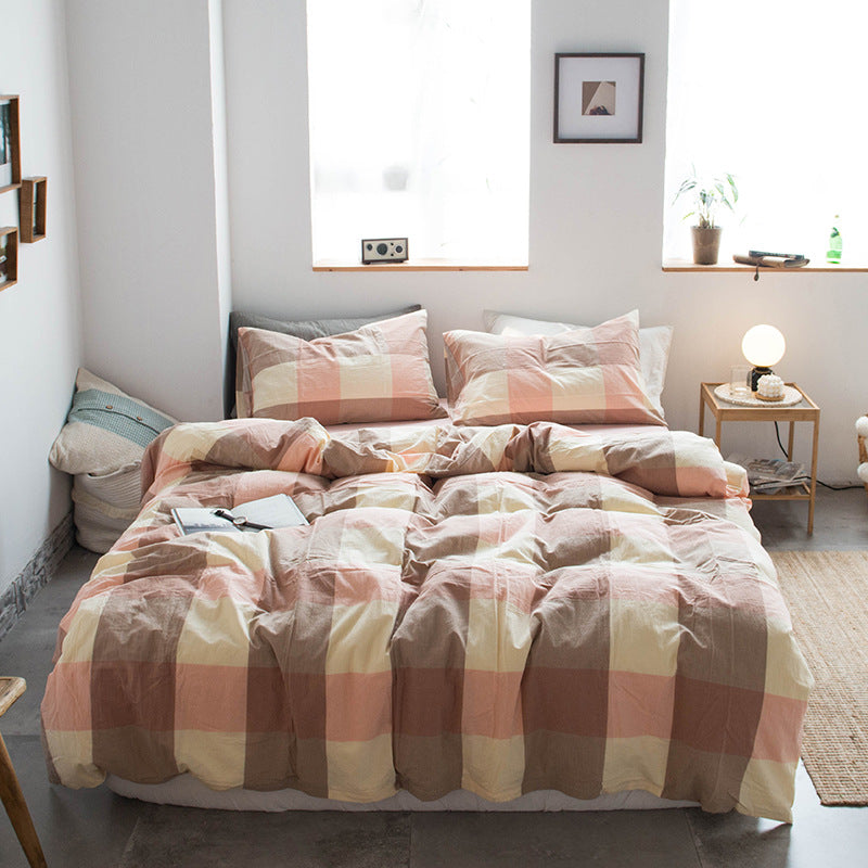 Japanese-style all-cotton non-printed washed cotton four-piece wholesale stripe-dyed good product four-piece dormitory bedding