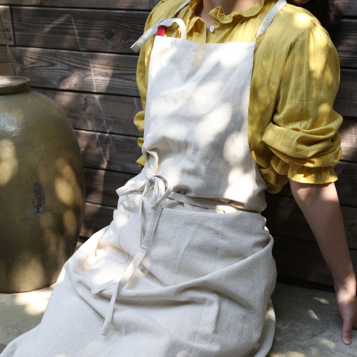 Japanese new style cotton and linen large size loose home kitchen sleeveless solid color housework high-end