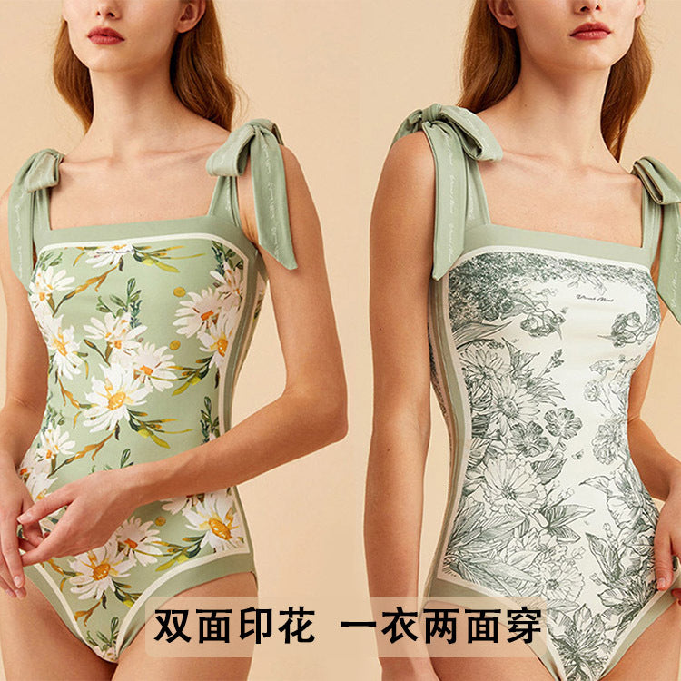 Women's Retro One-Piece Swimsuit – Double Fabric, Modest Design, Printed Polyester Skirt, Large Size Beachwear