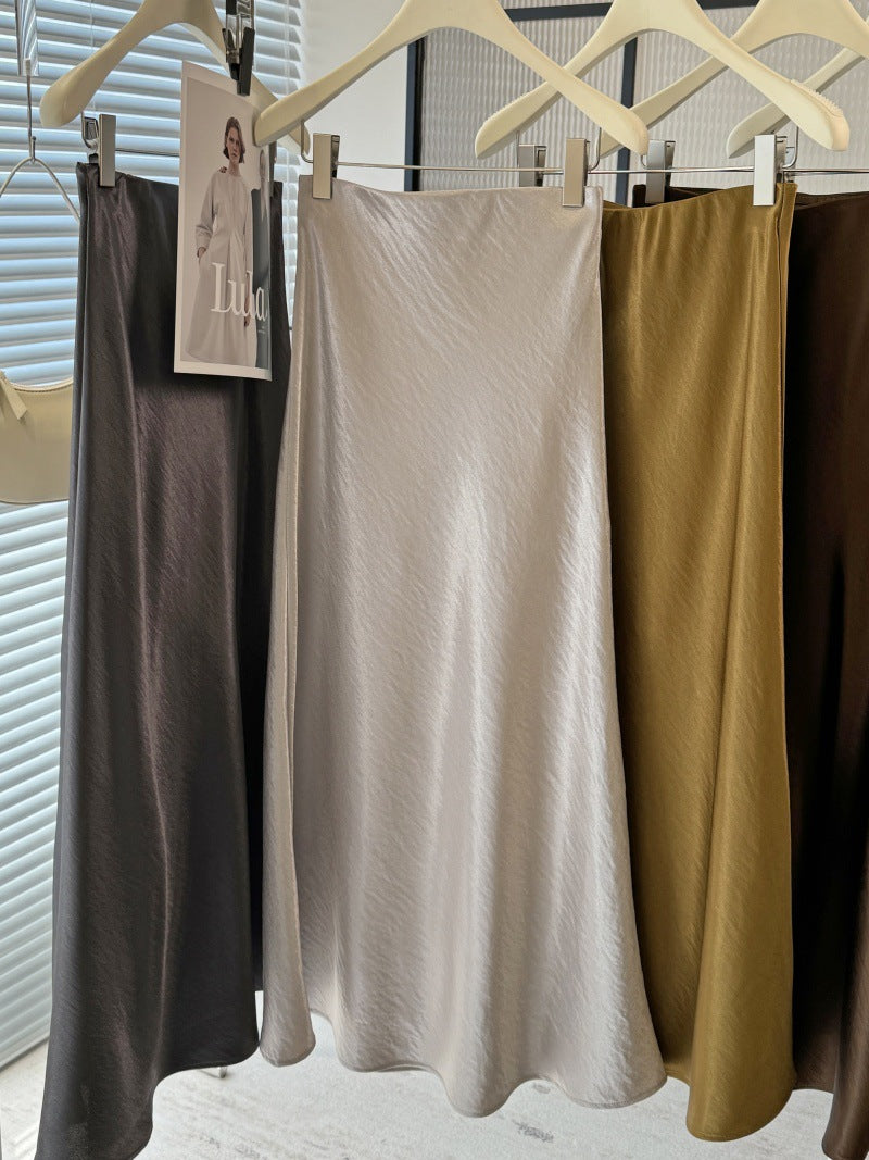 Acetate satin fishtail skirt women's  temperament simple drape slim hip A-line midi skirt