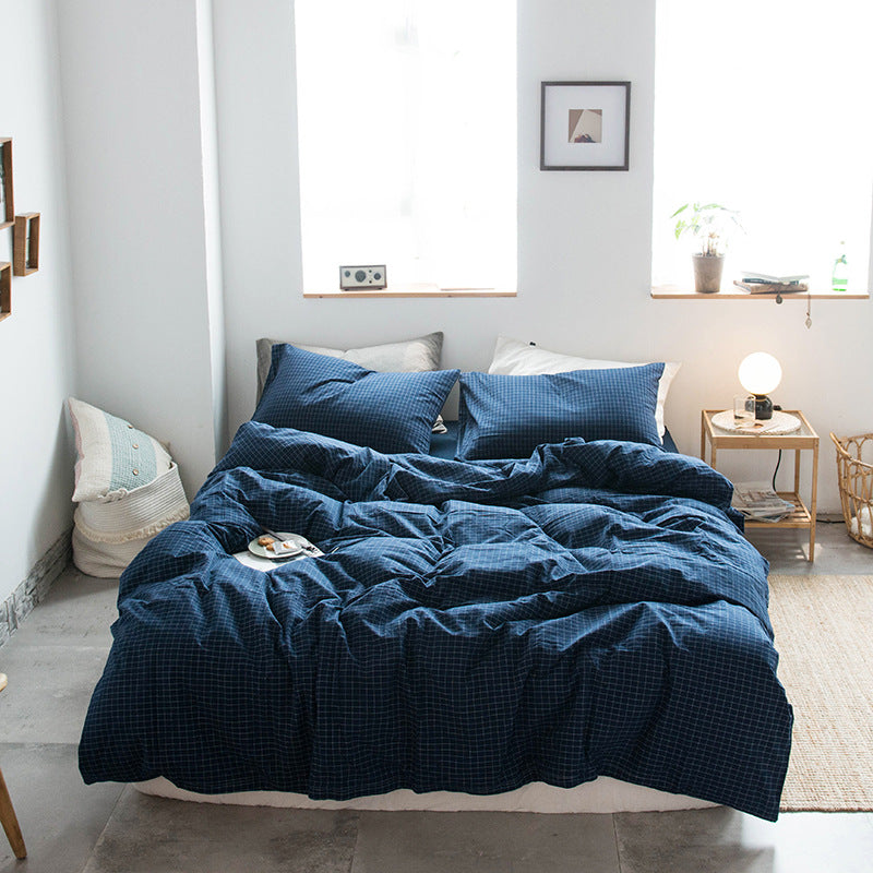 Japanese-style all-cotton non-printed washed cotton four-piece wholesale stripe-dyed good product four-piece dormitory bedding