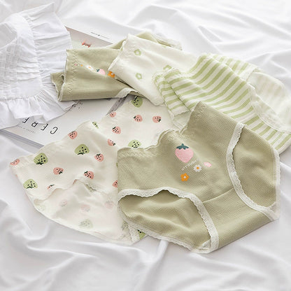 5 pieces of new hot style fashion green bear girl pure 100% pure cotton sweet mid-waist antibacterial breathable underwear