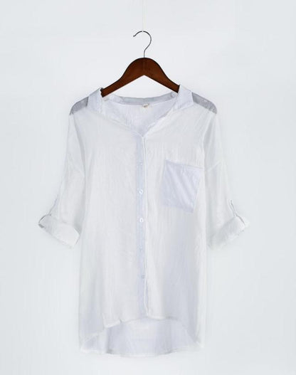 summer new sun protection clothing Japanese style small fresh loose cotton and linen three-quarter sleeve stand collar shirt female linen shirt