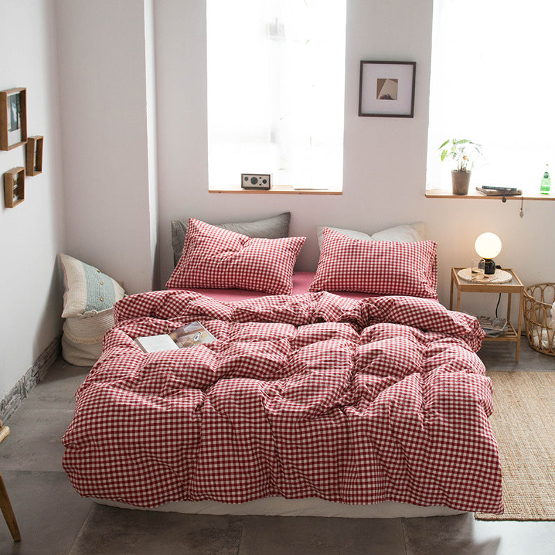 Japanese-style all-cotton non-printed washed cotton four-piece wholesale stripe-dyed good product four-piece dormitory bedding