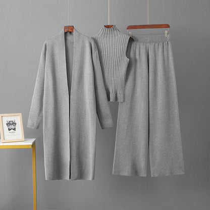 European and American foreign style solid color casual suit women's shawl jacket + V-neck base knit sweater + wide-leg trousers three-piece set