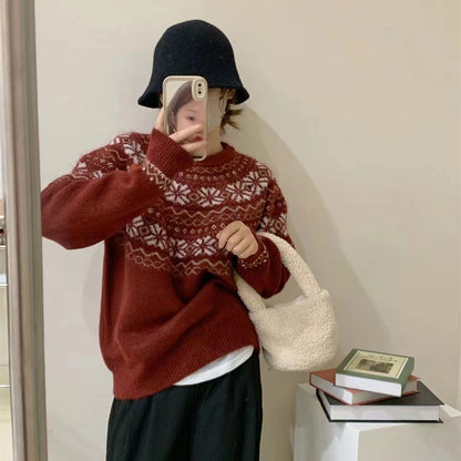Retro jacquard soft waxy sweater women's  autumn and winter new Japanese style lazy style loose round neck pullover sweater thick