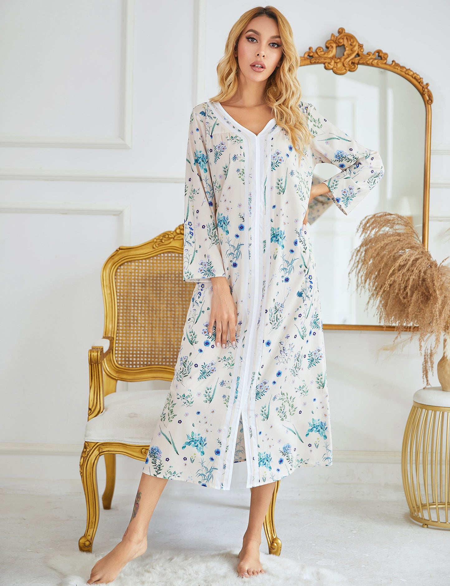 autumn and winter hot style European and American women's nightdress woven four-sided bomb printing long-sleeved long home wear dress