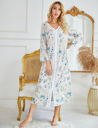 autumn and winter hot style European and American women's nightdress woven four-sided bomb printing long-sleeved long home wear dress