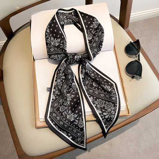 Long silk scarf, women's high-end small square scarf, spring and autumn black neck brace neck with shirt streamer and silk tie