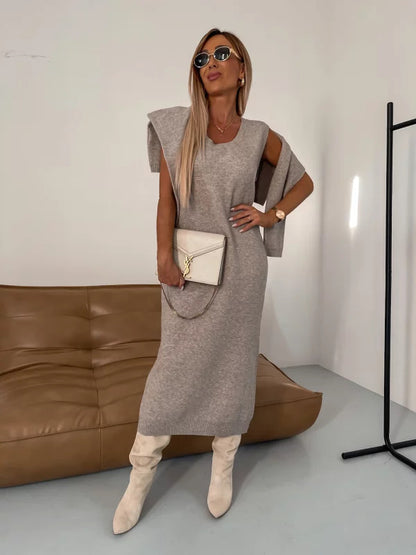 Fall/Winter Sweater Dress, High Neck Maxi Sweater Dress, Two Piece Solid Color Knit Dress